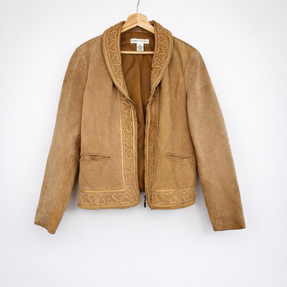 Bamboo Trading Tan Leather Embroidered Jacket, Boho Western Style Size XL